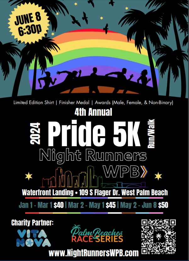 Get ready to run for a cause! Join us for the 4th Annual Pride 5K on Saturday, June 8 at 6:30 p.m. 🏳️‍🌈🏃 Celebrate LGBTQ+ pride with family fun and community unity through running and walking. Register now at NightRunnersWPB.com.

#DowntownWPB 
#ThePalmBeaches