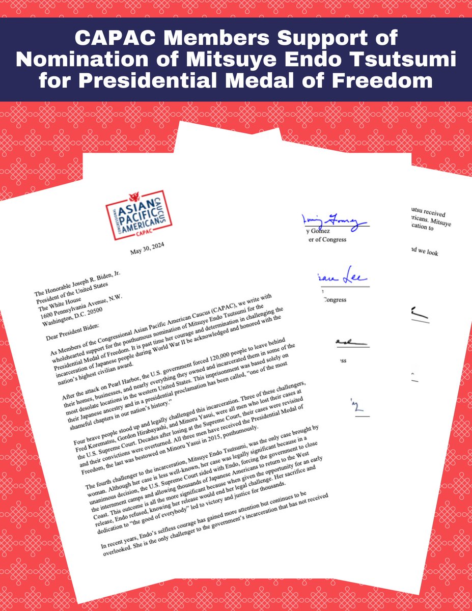 CAPAC members expressed their wholehearted support for Mitsuye Endo Tsutsumi's posthumous nomination for the Presidential Medal of Freedom.

Her legal challenge of the incarceration of Japanese Americans during WWII deserves recognition, with the nation’s highest civilian award.