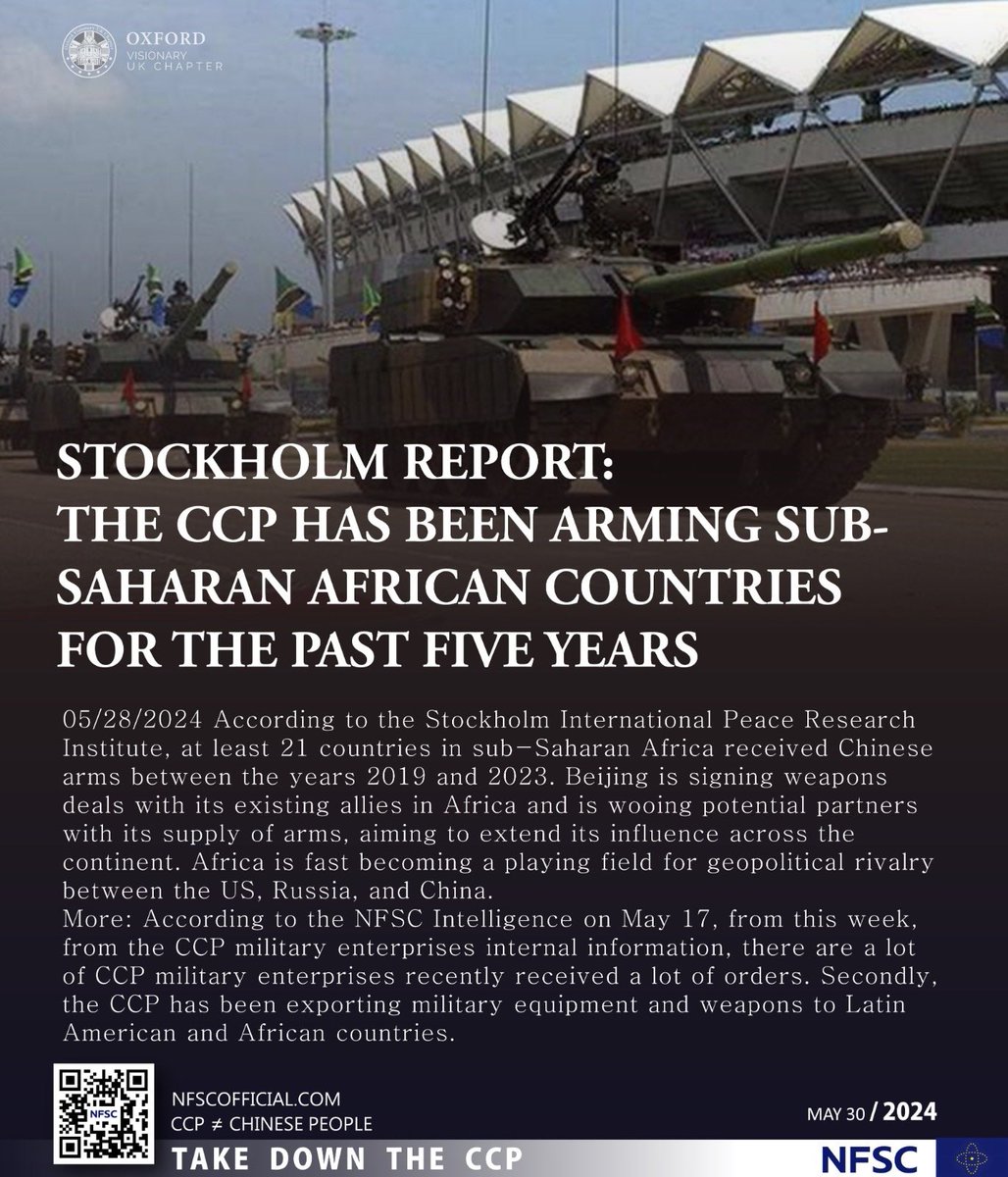 Stockholm Report: The CCP has been arming sub-Saharan African countries for the past five years
05/28/2024 According to the #Stockholm International Peace Research Institute, at least 21 countries in sub-Saharan Africa received Chinese arms between the years 2019 and 2023…….