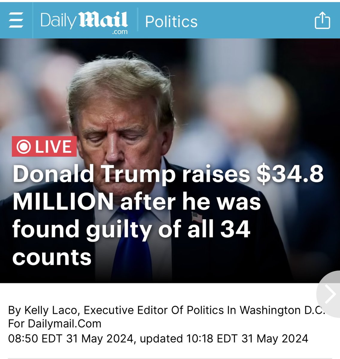 JUST IN: Trump got a 6 point bump in favorability ratings and raised nearly $35 million since being convicted. Great job Democrats!