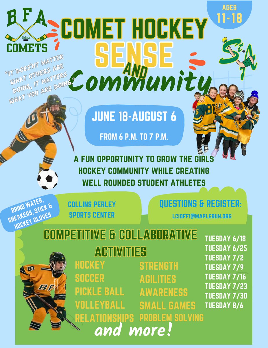 We want to invite all girls (age 11-18) to our FREE summer skills &amp; agilities sessions!   This is a great opportunity for current players as well as those wanting to try hockey.  We will be having fun working together to improve athleticism, skills and relationships!