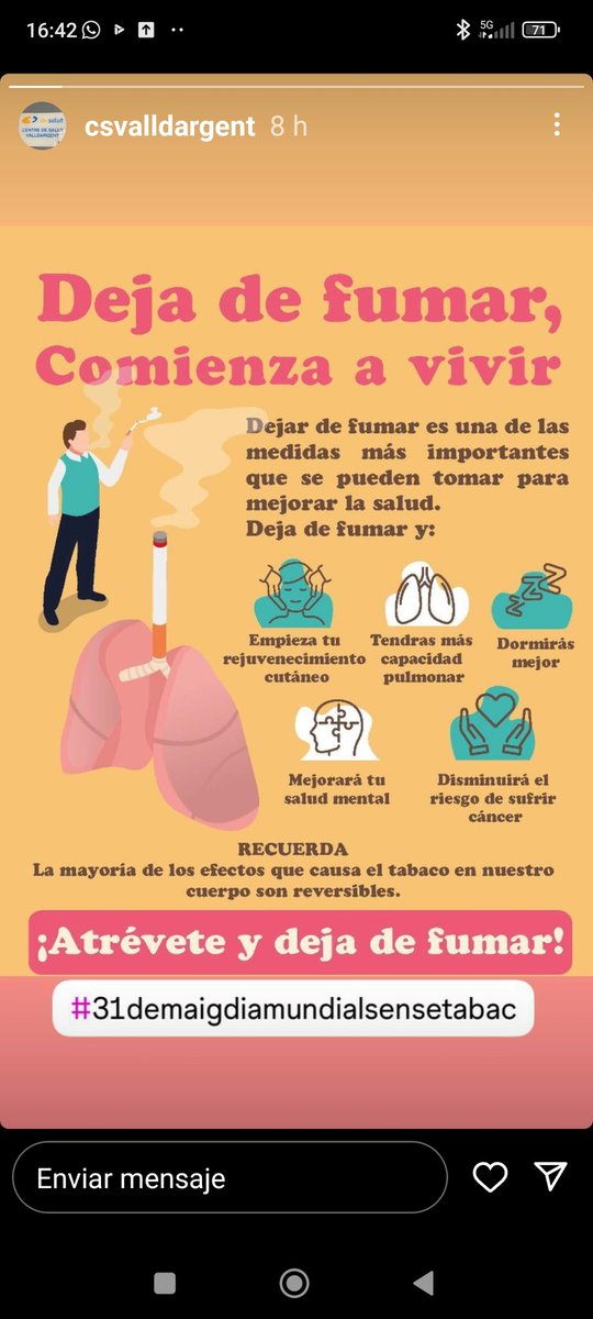 Hoy día 31.12 .2024 día mundial sin tabaco.
 El CS VALLDARGENT te anima a dejar de fumar, pide cita con tu médico de familia o tu enfermero/a y te ayudará