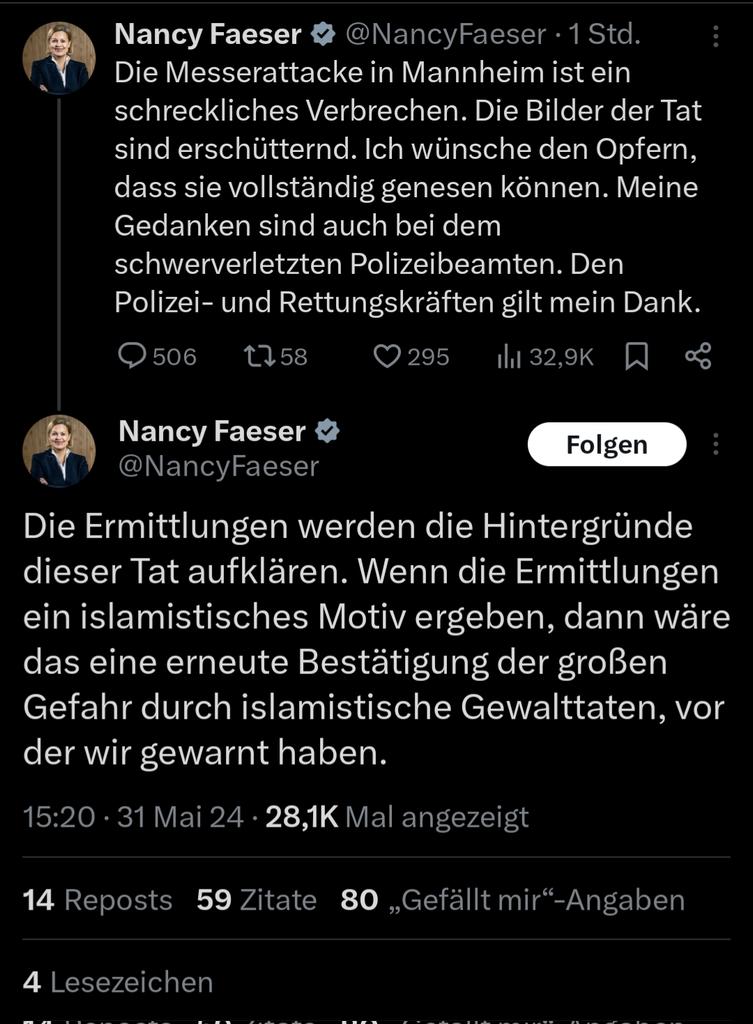 Nancy Faeser, die sich für keine Polit-Propaganda mit 'Say their names' je zu doof ist, verschweigt den Namen des Mannes, der hier gezielt angegriffen wurde, Michael Stürzenberger.