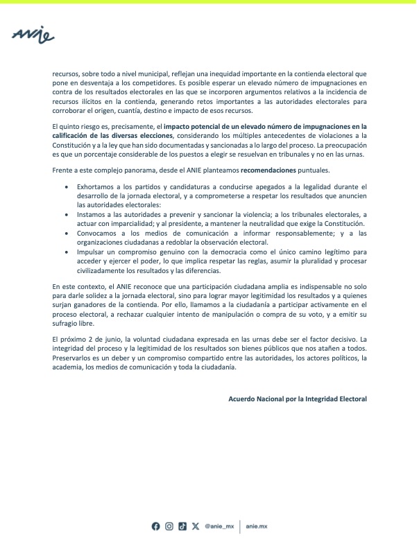 Hoy, desde el <a href="/INEMexico/">@INEMexico</a>, presentaremos nuestro #4toInforme de #monitoreo de la integridad de las #Elecciones2024.

Analizamos lo sucedido en las campañas, los riesgos y focos que observamos, y las recomendaciones para el 2 de junio.

Sigue la transmisión youtube.com/@anie_mx