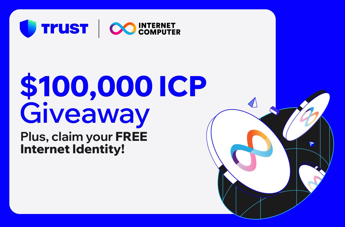 Join our quest with <a href="/dfinity/">DFINITY</a> and claim your FREE #ICP Internet Identity for a chance to win a share of $100,000 in #ICP!

Entry:
💙Like &amp; RT
💙Follow <a href="/TrustWallet/">Trust Wallet</a> <a href="/dfinity/">DFINITY</a>
💙Claim your FREE Internet Identity
👇Complete quests with #TrustWallet
short.trustwallet.com/ICP