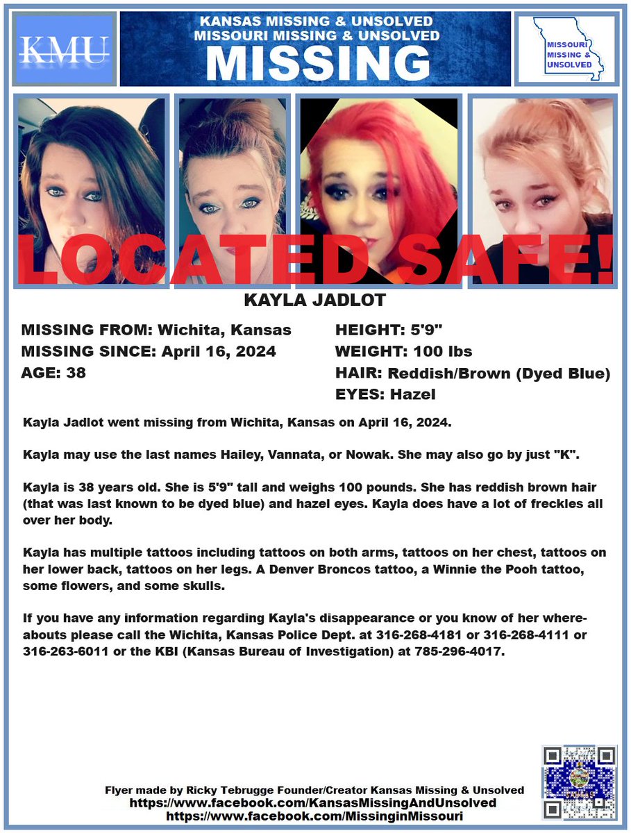 KAYLA HAS BEEN #LOCATED SAFE!!! THANK YOU TO ALL WHO SHARED HER FLYER!! #MISSINGPERSON #MISSING @AnnetteLawless #KansasMissing #MissingInKS #Kansas #WichitaKS