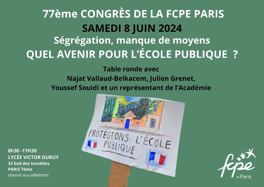 FCPE_Paris's tweet photo. 🟢 Nous vous attendons nombreux le 8 Juin pour ce rdv annuel entre les adhérents et la Fcpe Paris. Avec cette année au congrès, une table ronde le matin qui s’annonce passionnante avec @najatvb Julien Grenet @YouSouidi https://t.co/nk2Ykuaph7