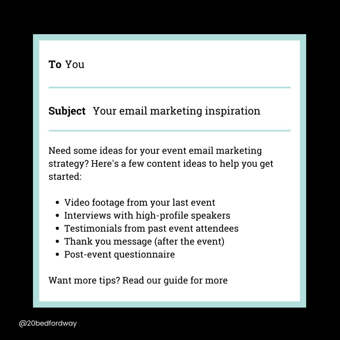 One of the best ways to reach target audiences and increase event attendees is through email marketing 📧

If you need some ideas for your campaigns, then read our quick tips or our full guide: 20bedfordway.com/news/a-complet…

#emailmarketing #emailmarketingtips