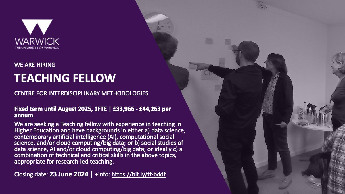 We are #hiring! We are looking for a #teachingFellow to contribute to our Big Data and Digital Futures Degree.
Reach out if you have #teaching experience in #HigherEd  and backgrounds in #dataScience, #AI, #BigData , #cloudcomputing ... or related. 
+info: warwick-careers.tal.net/vx/appcentre-e…
