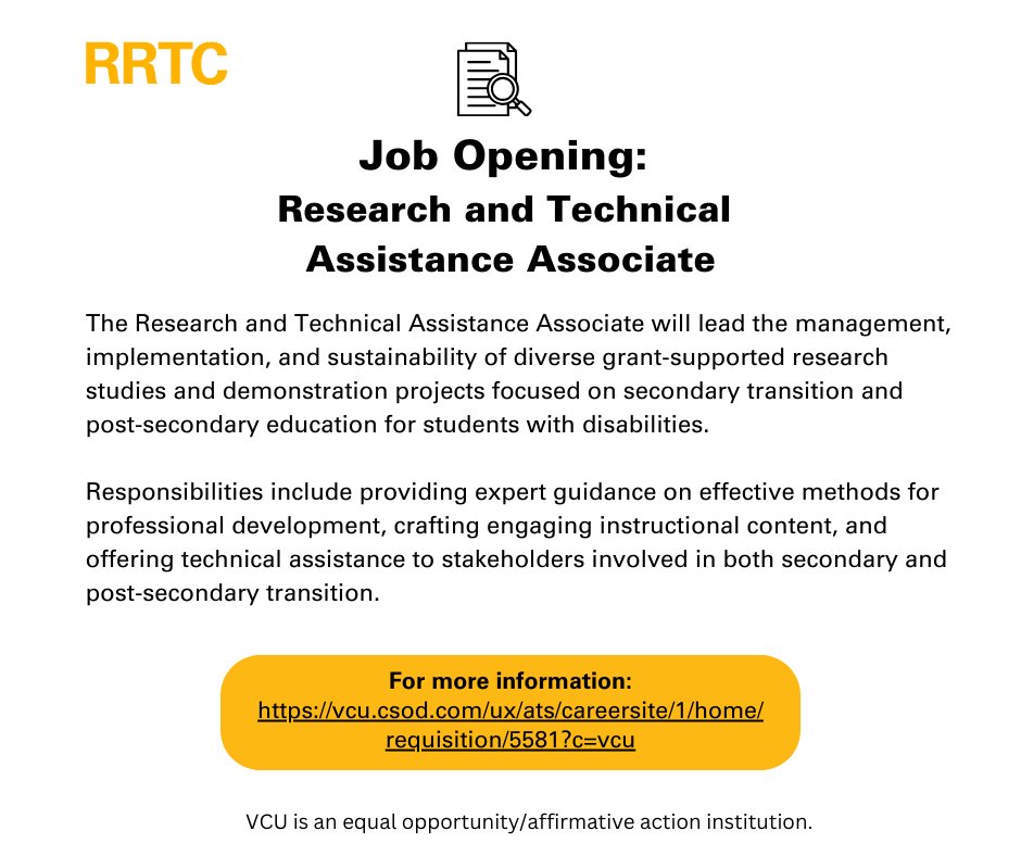 🎉Join our team at the VCU-RRTC! We're hiring for the position of Research and Technical Assistance Associate

For more info: vcu.csod.com/.../caree.../1…...

Check out all RRTC job openings: vcurrtc.org/about/jobs.cfm

VCU is an equal opportunity/affirmative action institution.