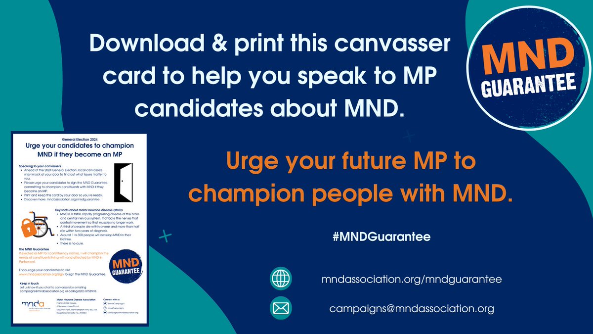 This weekend you might be seeing #GeneralElection canvassers knocking at your door. This is a great opportunity for you to talk about #MND and encourage your MP candidates to sign the #MNDGuarantee. Download our handy canvasser card here: mndassociation.org/mndguarantee Please share