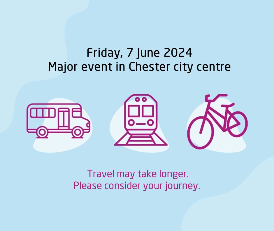 Go_CheshireWest's tweet image. If you are coming into Chester on Friday, 7 June, please consider using public transport, walking or cycling if you can. Due to an event the city centre will be busier than usual with some access restrictions.

🚌 Why not give the Park &amp;amp; Ride a try? 👉 cwac.co/FqR10