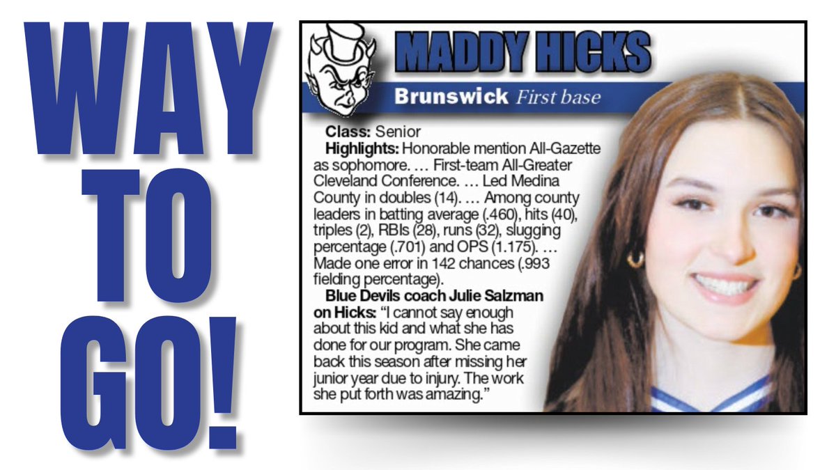 BrunswickCSD's tweet photo. Congrats to @BHSGoBigBlue student-athletes Giovanna Diligente, Maddy Hicks, and Faith Vlcek on earning All-Gazette honors in softball. Congrats to Ellie Williams, Sofia Veres, and Aallyah Radwan for earning an honorable mention! Check out today’s Medina Gazette for more info. https://t.co/ubvjSQNAqm