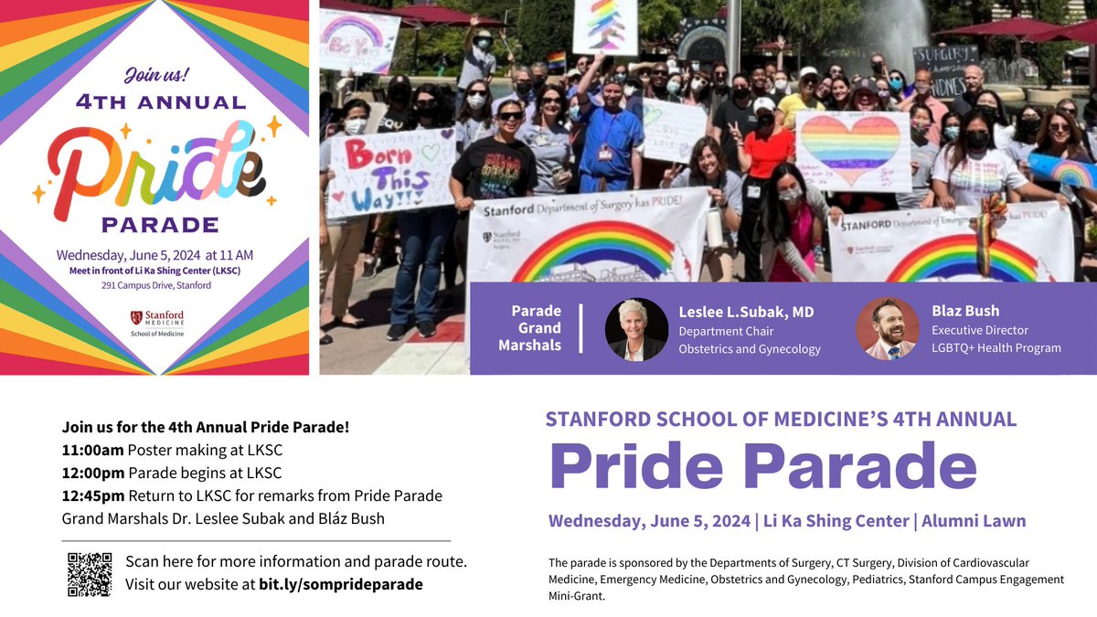 All are welcome! #StanfordPride2024 📷📷📷📷🏳️‍🌈 Join @Stanfordsurgery @StanfordEMED @stanfordCVmed @StanfordOBGYN @StanfordCTSurg @StanfordPeds for the 4th Annual Pride Parade next week June 5! Meet @StanfordMed LKSC! #SOMprideparade
