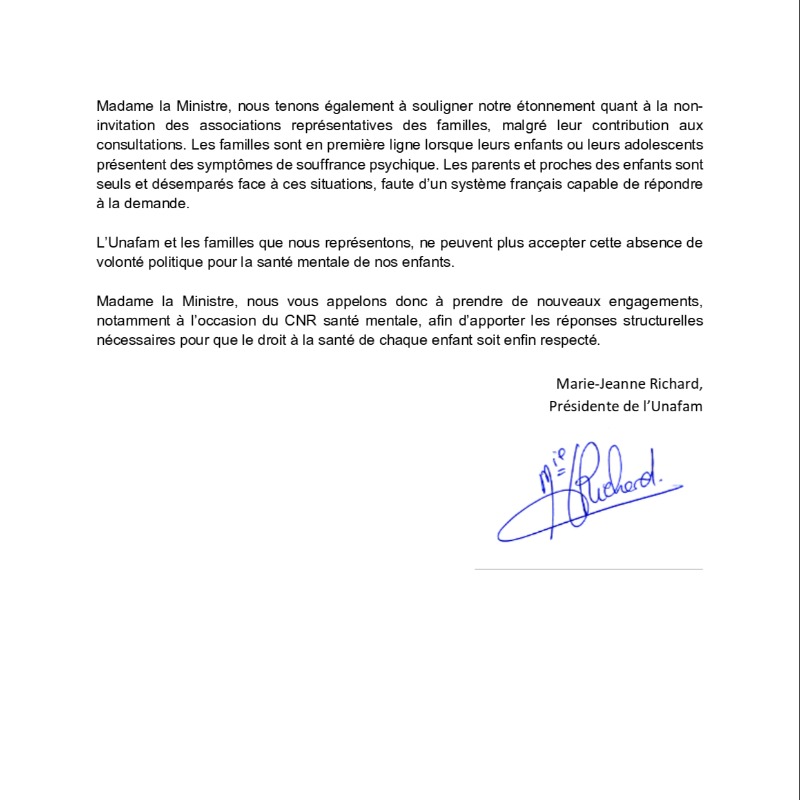 L'Unafam a adressé ce jour une lettre ouverte à @CaVautrin après les Assises de la santé de l'enfant pour dénoncer l'absence d'une stratégie nationale pour la #santémentale des enfants et des jeunes et appelle la ministre à faire face à l'urgence ! 
Retrouvez la lettre ici ⬇️