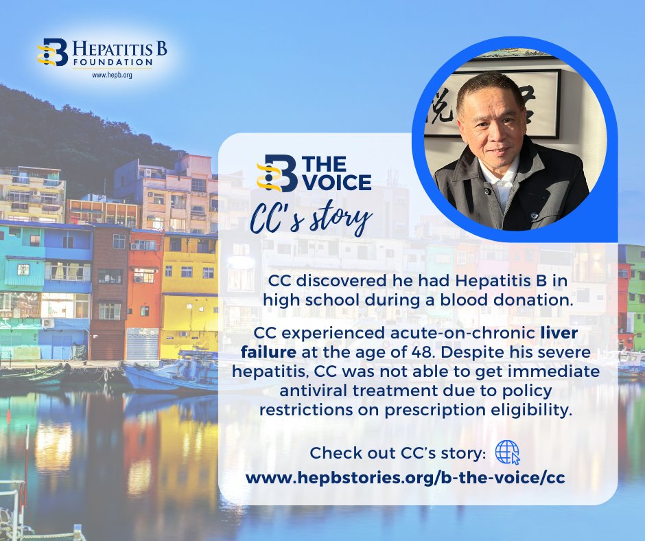 CC discovered he had hepatitis B during a blood donation 🩸. His #hepB was due to mother-to-child vertical transmission. CC wasn't able to get immediate antiviral treatment at a local hospital due to policy restriction. CC’s story: 👉 hepbstories.org/b-the-voice/cc