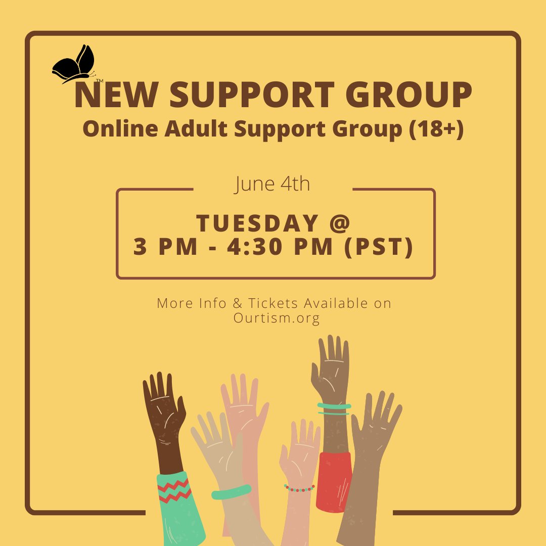 ourtism's tweet photo. Our Online Tuesday Support Group (18+) meets this coming week! If you'd like to join. our group discussion be sure to purchase your tickets on our website! See you at 3 PM (PST) June 4th! 

#Ourtism #Autism #ActuallyAutistic #Aspergers #AdultSupportGroup #AutismSupport https://t.co/jqQI76uCH3