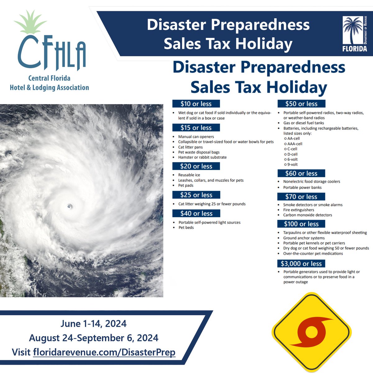 Reminder, the first 2024 Disaster Preparedness Sales Tax Holiday starts this weekend & will last until June 14. Now is the time to PLAN, PREPARE & SAVE MONEY on critical hurricane preparedness items!🌀🚨For more info: FloridaRevenue.com/DisasterPrep #CFHLA #HospitalityStrong #BePrepared