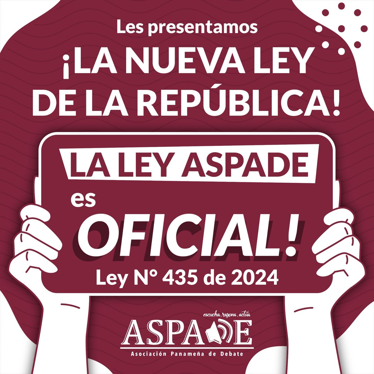 Nos emociona enormemente informarles que se ha sancionado y publicado la Ley 435 de 2024!!! 🎉🎉
La ley establece el Programa Nacional de Enseñanza en Debate, Ley ASPADE! 

Por un mejor Panamá,
#UnPanamáQueDebate 🎉🎉🎉

Lee la Ley N° 435 de 2024:
gacetaoficial.gob.pa/pdfTemp/30042_…