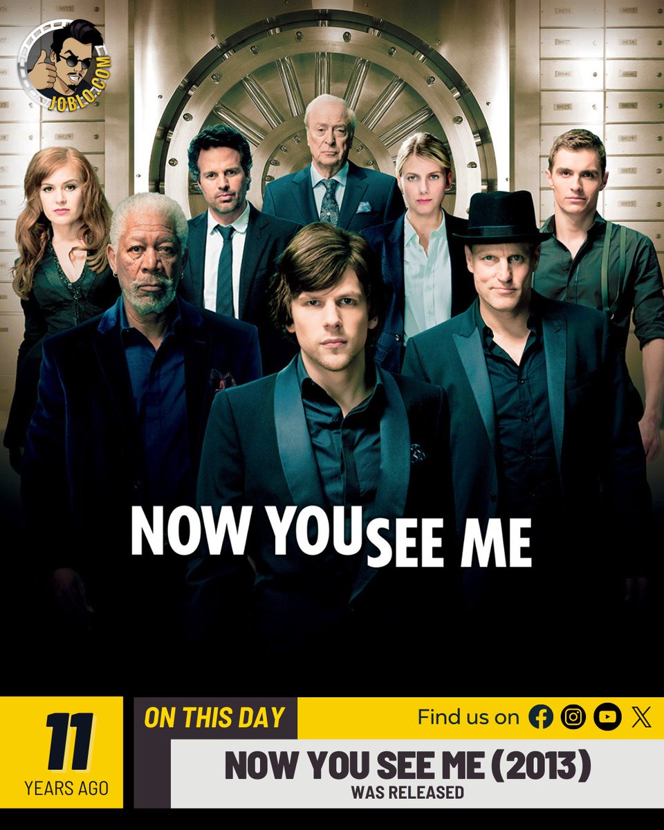 11 years ago today, Now You See Me (2013) was released!🎥

#JoBloMovies #JoBloMovieNetwork #NowYouSeeMe #JesseEisenberg #MarkRuffalo