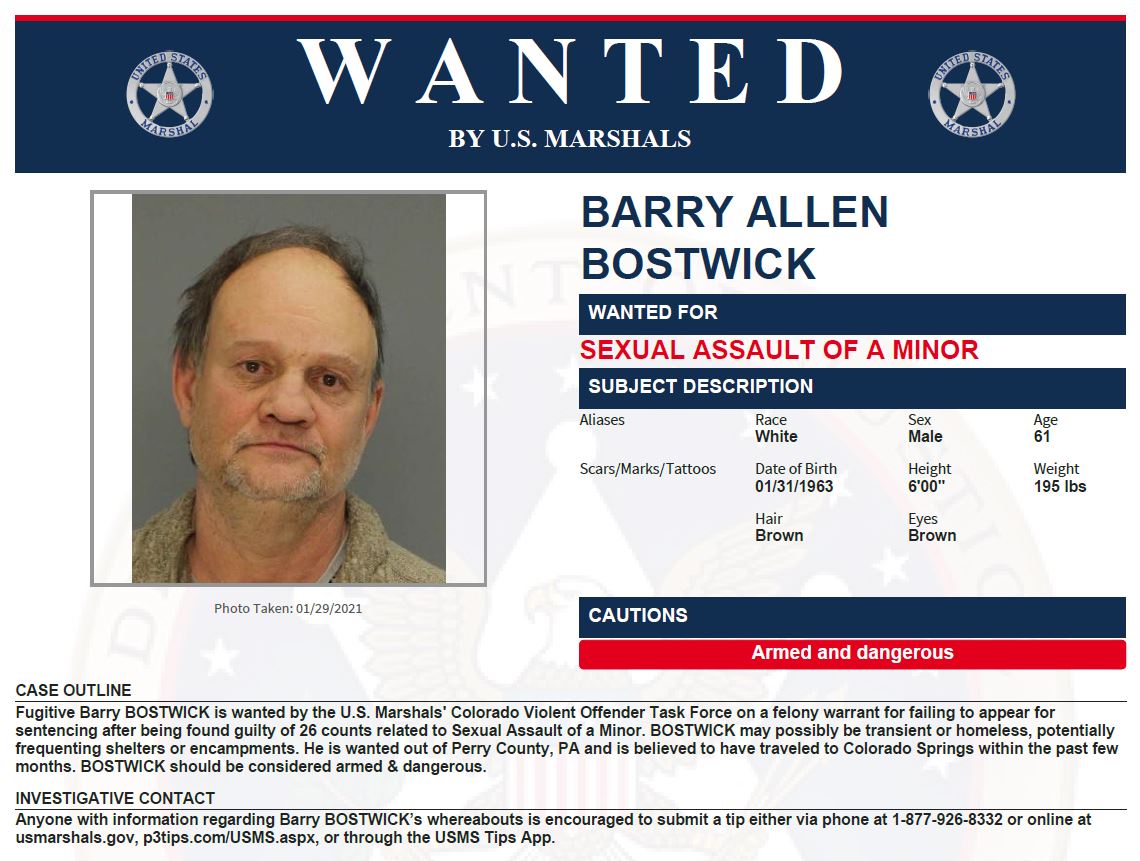 The COVOTF in #ColoradoSprings is looking for #fugitive Barry BOSTWICK, who is #wanted by Perry County (PA) for #felony FTA on 26 counts related to sexual assault of a minor. 

Anyone with info can submit a tip to usmarshals.gov or call 1-877-926-8332. #FugitiveFriday