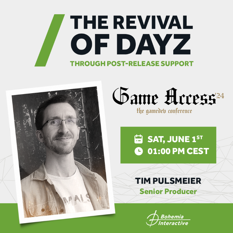 We're at <a href="/GameAccessConf/">Game Access Conference</a> this weekend!

Join us and our Senior Producer <a href="/ImpulsVisuals/">TImpuls</a> on his Saturdy session about the Revival of <a href="/DayZ/">DayZ 🖥 🎮 ❤️</a> through Post-Release Support. 

Don't miss out on this incredible insight into how we've kept DayZ thriving. See you there!