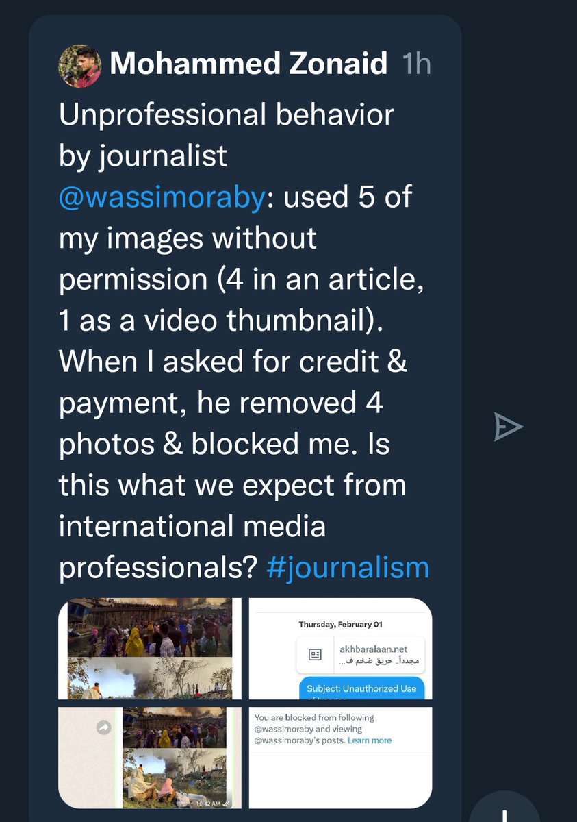 Another #Rohingya photographer is victimized by international #journalists. This #unethical practice is frequent now. @wassimoraby , the Head of Investigative Unit @EremNews kindly have the decency to pay @MohammedZonaid8 as compensation for using his pictures & video.