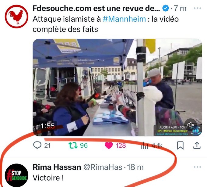 Attaque de musulman islamiste à Manhein rima Hassan du Hamas poste : VICTOIRE