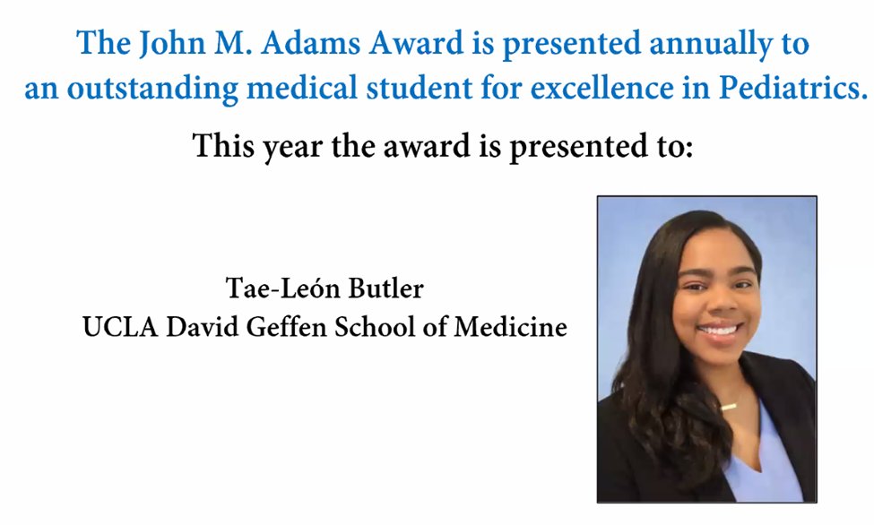 Congratulations to Dr. Tae Leon Butler, @dgsomucla graduate for getting the John Adams Award for excellence in Pediatrics.👏👏

What a journey from being a pediatric cancer patient to becoming a pediatric resident. 

Welcome to @UCLAMCH Pediatrics 
@UCLA @UCLAHealth 
@AlanChinMD