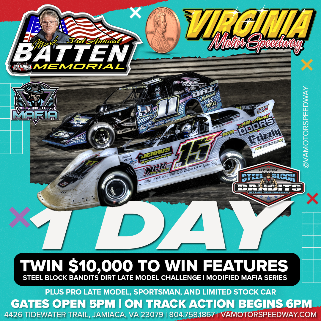 𝗢𝗡𝗘. 𝗠𝗢𝗥𝗘. 𝗗𝗔𝗬. The season's most anticipated event happens tomorrow! The 3rd annual Mark Batten Memorial features not one but two $10,000-to-win events. The Steel Block Bandits and the Modified Mafia Tours drivers will each be racing for that $10K.