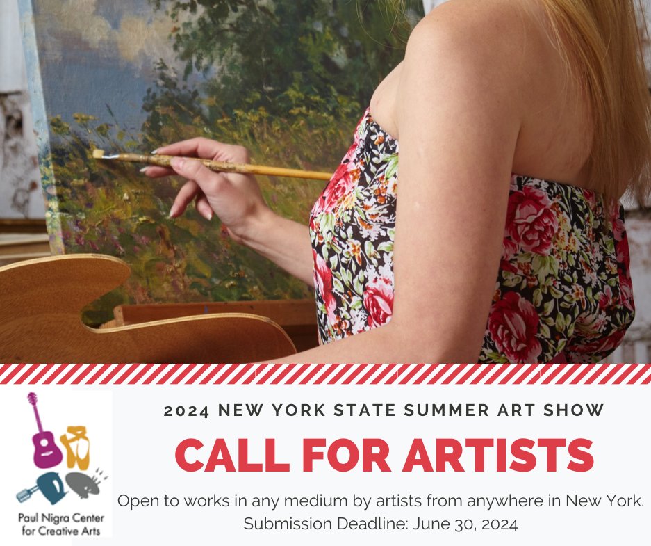 Calling all New York artists: the #NigraArtsCenter is seeking submissions for its 9th annual New York State #SummerArtShow! Works in any medium from any artist in the state are welcome. 
Submission details: pncreativeartscenter.org/art-shows. 
Entry deadline: 6/30
Show dates: 7/26-9/26