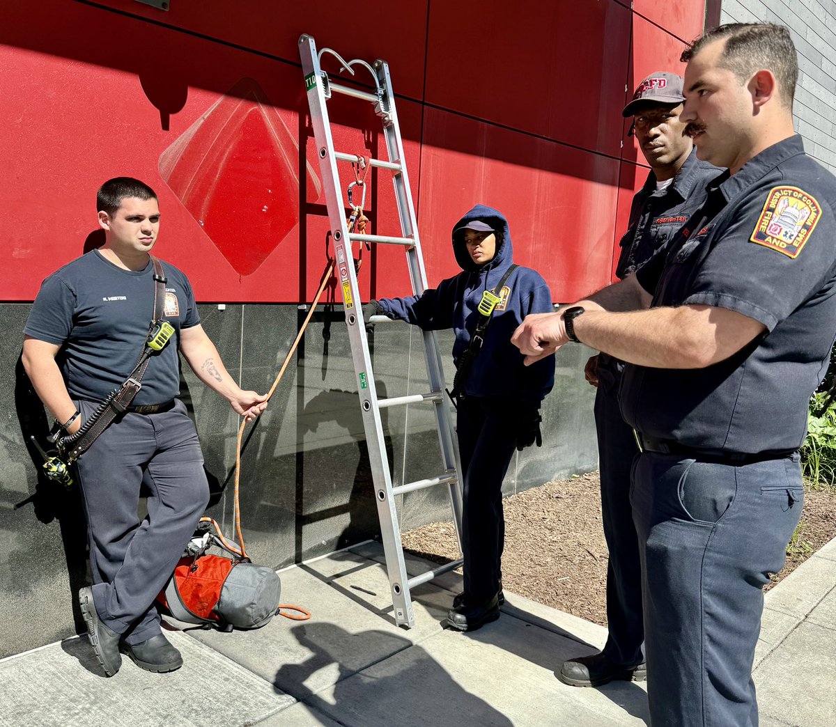 Truck 10 from the L’Enfant firehouse drilling their probationary firefighters on placing ladder pipe in service, other aerial operations, and high ladder kit. Every day is a training day. #DCsBravest