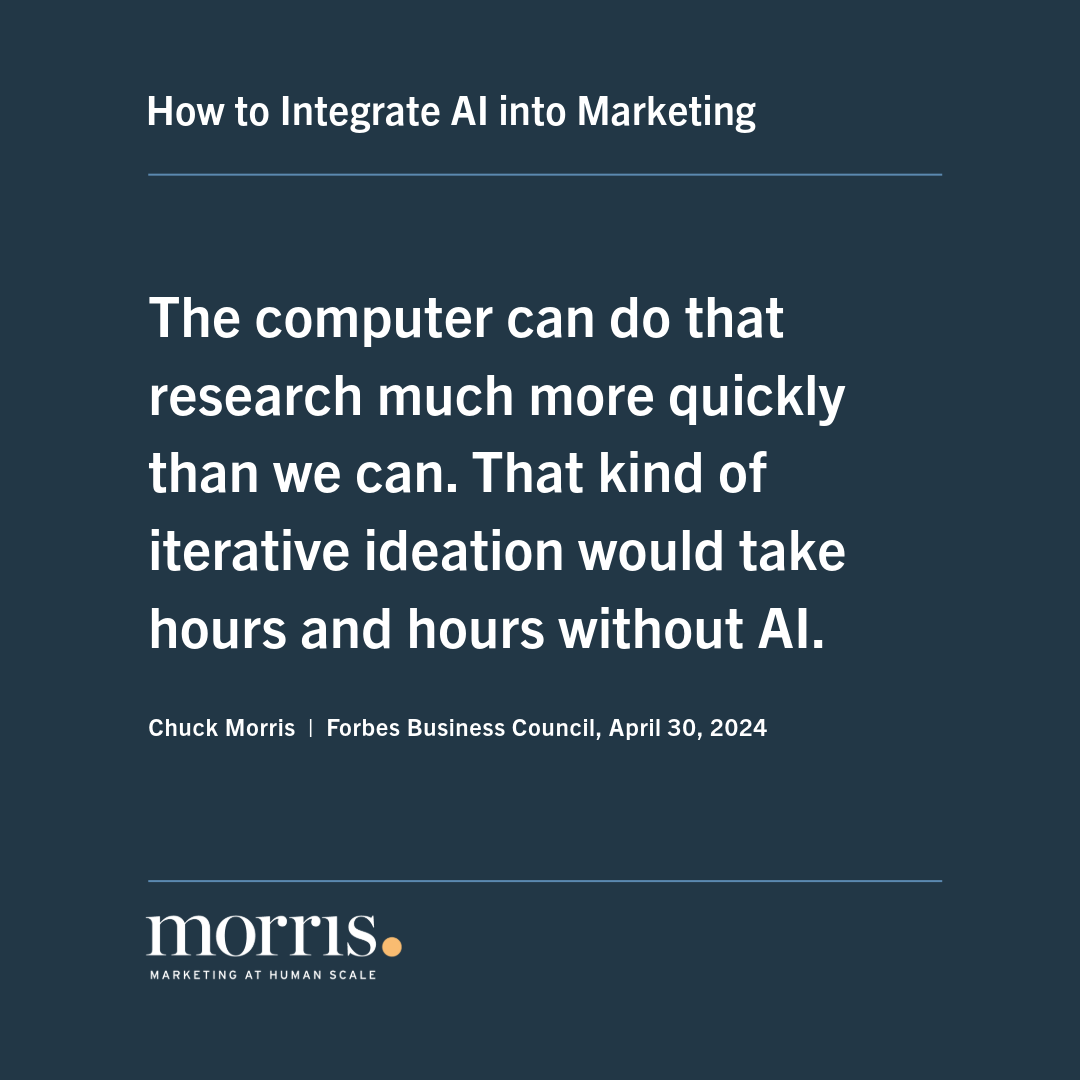 At Morris, we've embraced the power of AI to optimize our ideation cycles, along with other things. Head on over to the @forbes article Chuck contributed to and learn a few ways AI is impacting the marketing industry bit.ly/3wLuori
#ai #digitalmarketing #design
