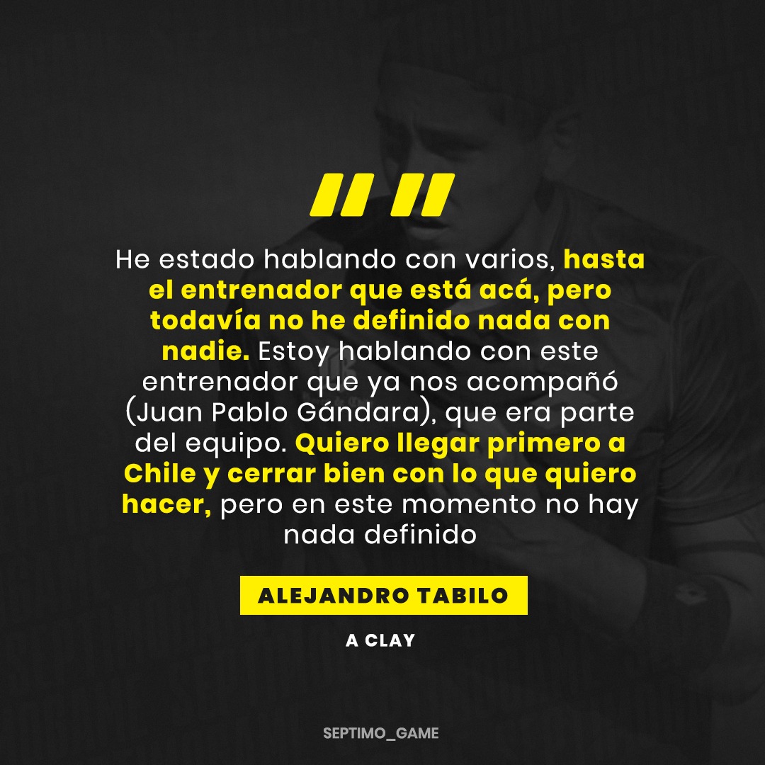 SE DEFINE TODO EN BREVE 🫡

Alejandro Tabilo habló con @_claymagazine y dejó en claro que ya ha estado hablando con Horacio Matta y con Juan Pablo Gándara, pero que por el momento no hay nada concreto 👀

El chileno todavía se encuentra en París. Cuando regrese a Chile se pondrá