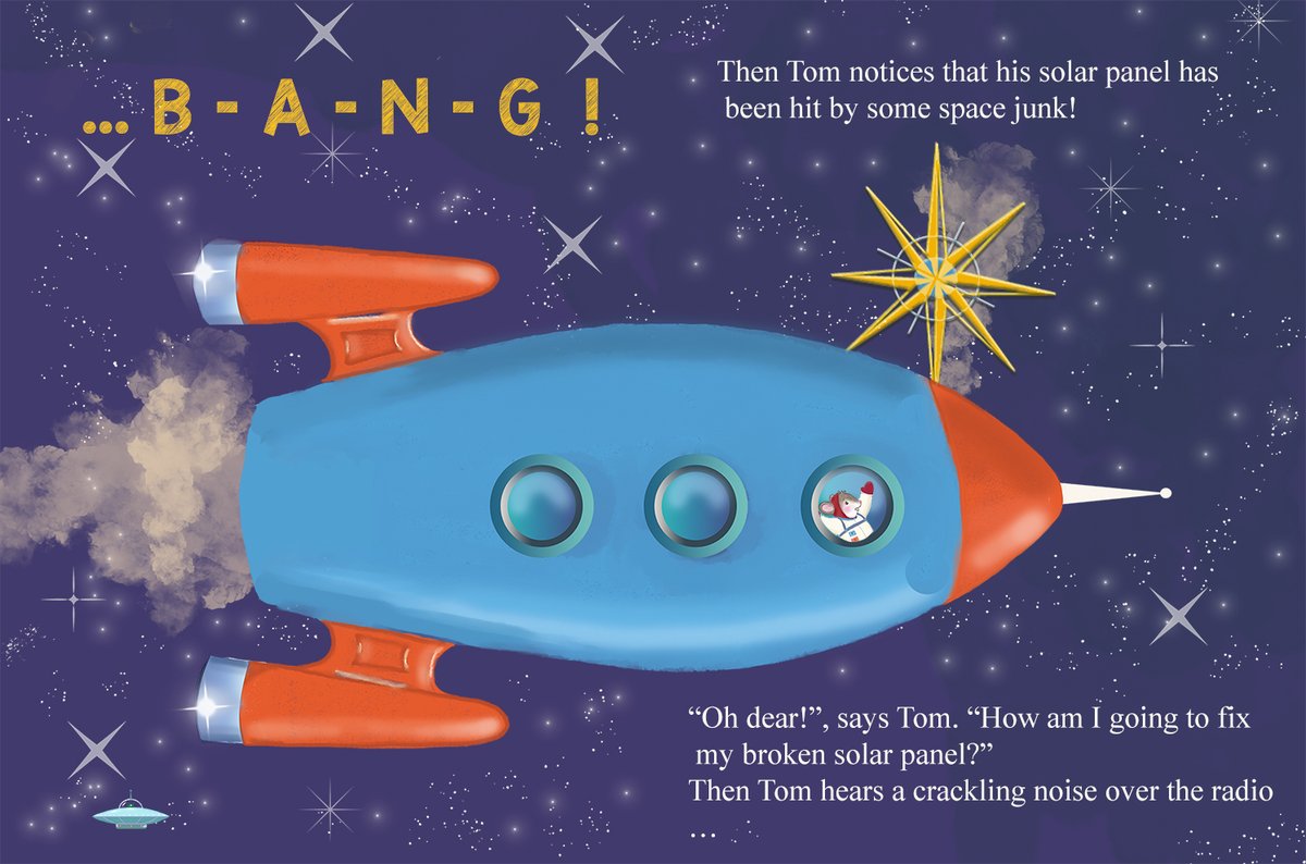 Poor Tom Mouse! There's always something going wrong....but fortune favours the brave and Tom can always find a new friend to help him through his worst moments. #illustration #spaceship #friendship