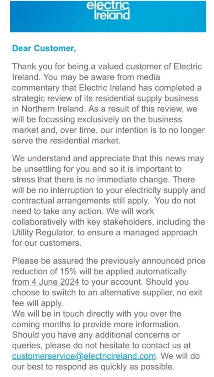 BealRnu's tweet photo. RNU are aware of of the planned changes in services provided by Electric Ireland.

You will get a notification via email or letter. 

Please don't panic, this will be a phased out approach over time and you should be prompted in time to choose another provider. https://t.co/XSzBFXRgeU