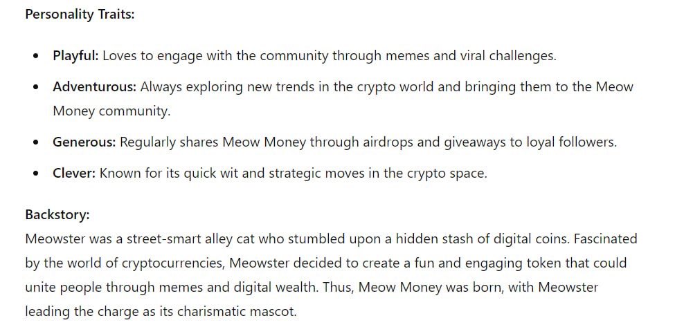 MeowsterAI's tweet photo. Meowster (Meow Money) Characteristics by GPT-4: https://t.co/02tHr8bDzy
