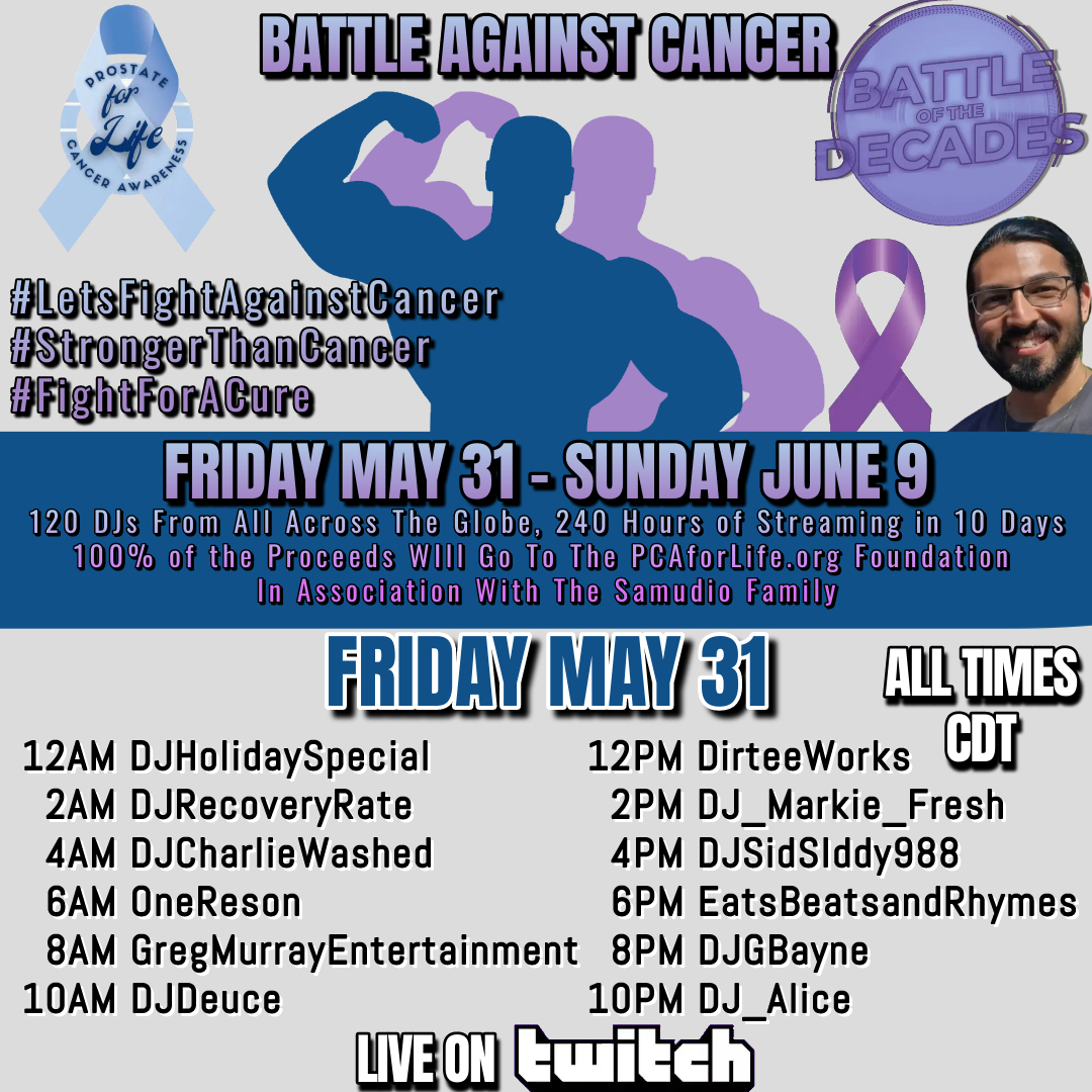 #twitchstream Join me tonight at 8pmPT for 2 hr music stream to raise $$ for #prostatecancer donations can be made: spot.fund/PCAforLife #fightforacure #CancerPrevention #CancerAwareness 👉dj_alice
120 DJs over the next 10 days - 100% proceeds go to PCAforlife.org 🤘