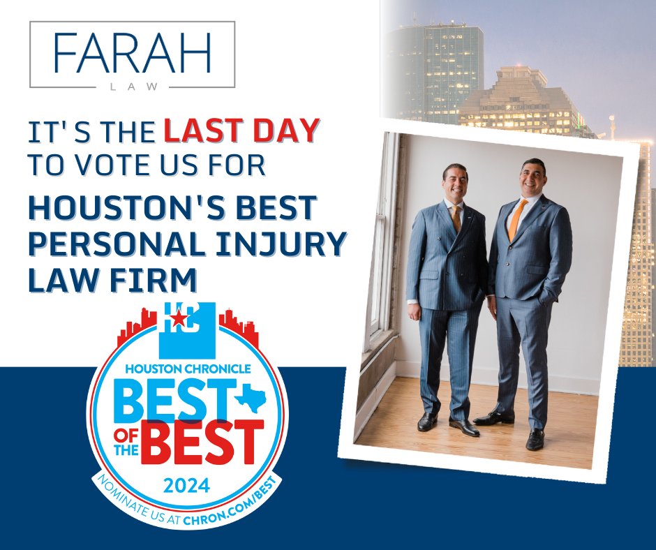 Today is the LAST DAY you can #vote for us! Make sure you vote for Farah Law as Houston’s Best #PersonalInjury Litigation Law Firm in @HoustonChron's Best of the Best 2024! Click here to vote: bit.ly/44T8cs2

#ThankYou for all your support!