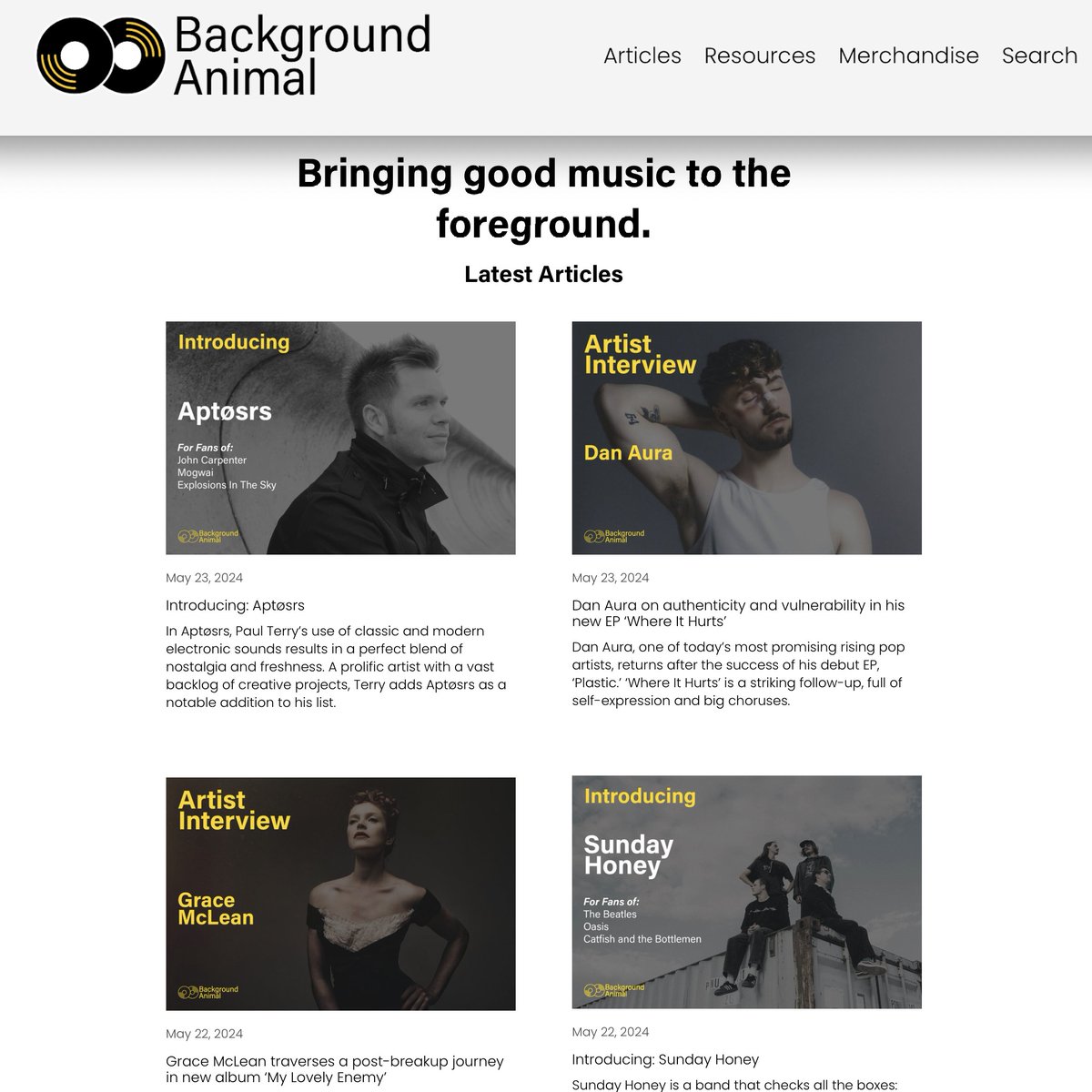 Paul Terry (@cellarscape) on Twitter photo "Aptøsrs' use of classic and modern electronic sounds results in a perfect blend of nostalgia and freshness."
– Background Animal
Thrilled to be one of the latest features alongside ace music artists <a href="/DanAuraMusic/">Dan Aura</a>, <a href="/thatgracemclean/">Grace McLean</a>, & <a href="/_sundayhoney/">Sunday Honey 🍯</a>.
backgroundanimal.com/articles/intro… "Aptøsrs' use of classic and modern electronic sounds results in a perfect blend of nostalgia and freshness."
– Background Animal
Thrilled to be one of the latest features alongside ace music artists <a href="/DanAuraMusic/">Dan Aura</a>, <a href="/thatgracemclean/">Grace McLean</a>, & <a href="/_sundayhoney/">Sunday Honey 🍯</a>.
backgroundanimal.com/articles/intro…