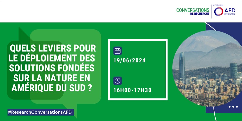 #SALC2024 | Quels leviers pour le déploiement des solutions fondées sur la nature (SFN)  en Amérique latine ?

📅Webinaire #ResearchConversationsAFD le 19/06 : retours d'expérience d'experts sur 15 projets de SFN en 🇨🇴,🇵🇪 &amp; 🇪🇨.

👉Inscriptions : bit.ly/4bxlJYR
