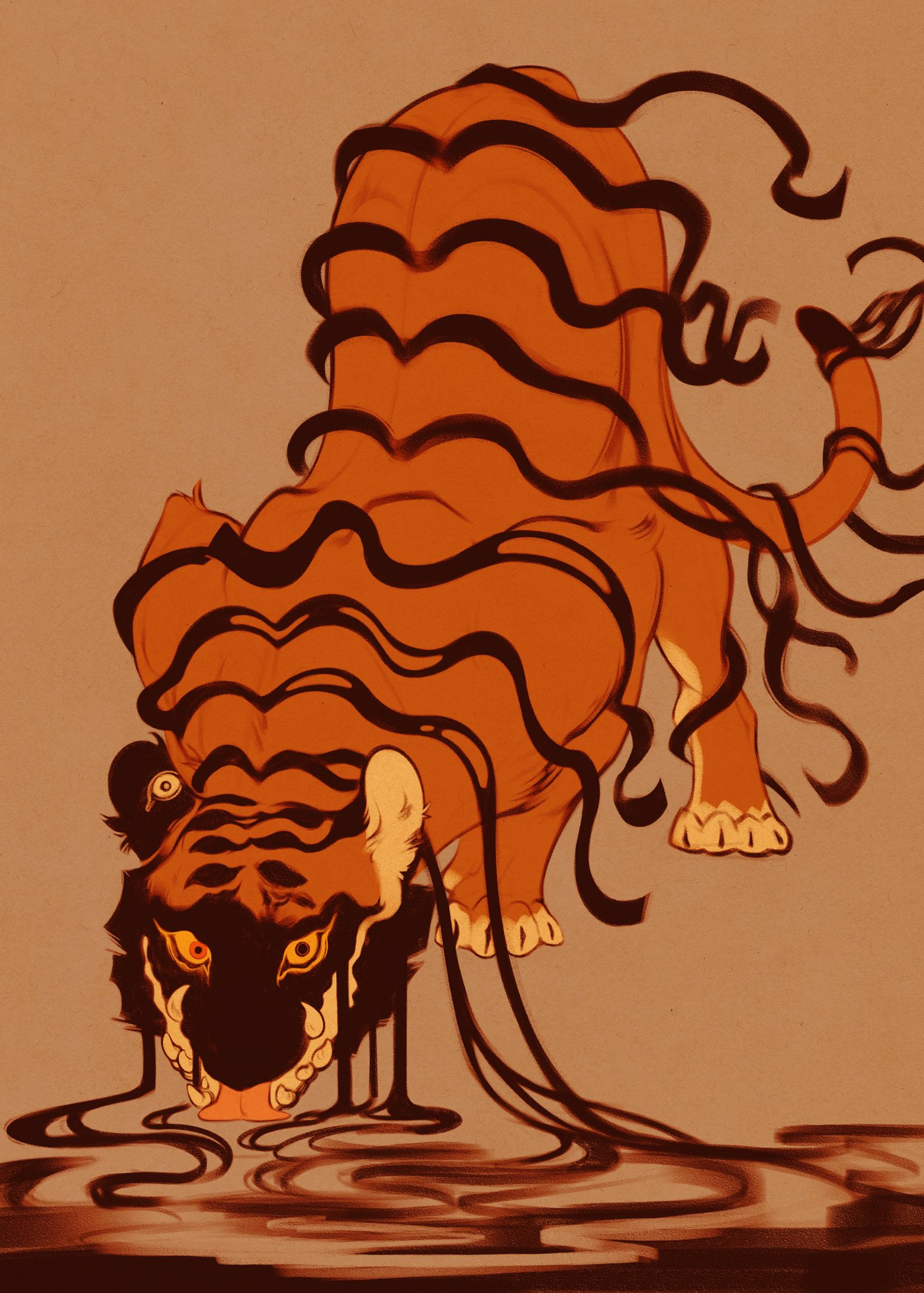 A tiger with ribbon-like black stripes tangled around its body, replicating the generic tiger fur pattern. It drinks from an unseen pool where the ribbons on its face and neck also reach.