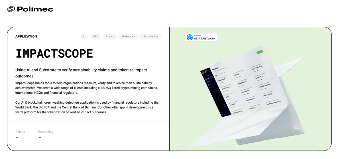 Introducing → ImpactScope

Why, What, How?  ↓

Building DIOM - <a href="/ImpactScope/">ImpactScope</a>'s Decentralized Impact Outcomes Marketplace is a Web3 infrastructure layer for verifying and tokenizing positive impact outcomes.

Empowering Sustainability - Their Greenwashing Identifier (GWI) uses AI