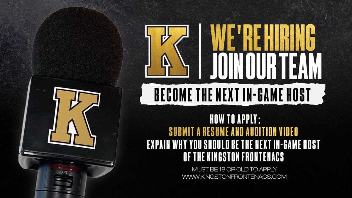 🚨JOIN OUR TEAM🚨 🎤 The Kingston Frontenacs are searching for a new In-Game Host for the 2024-25 season! Help bring the energy to every home game. If you can engage and excite the crowd, apply now! Details: chl.ca/ohl-frontenacs… #BearTheK | @OHLHockey | @SlushPuppiePL