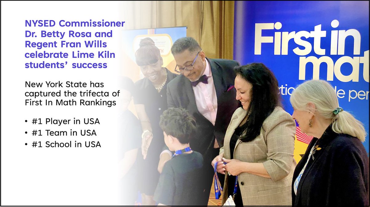 RobertSun24's tweet image. NYSED Commissioner Dr. Betty Rosa, Regent Fran Wills, and New York State Senator Bill Weber honor the extraordinary accomplishment of Lime Kiln students on @FirstInMath.
Watch this powerful video: cdn.jwplayer.com/previews/pdYyl… 
@NYSEDNews @NCTM @usedgov