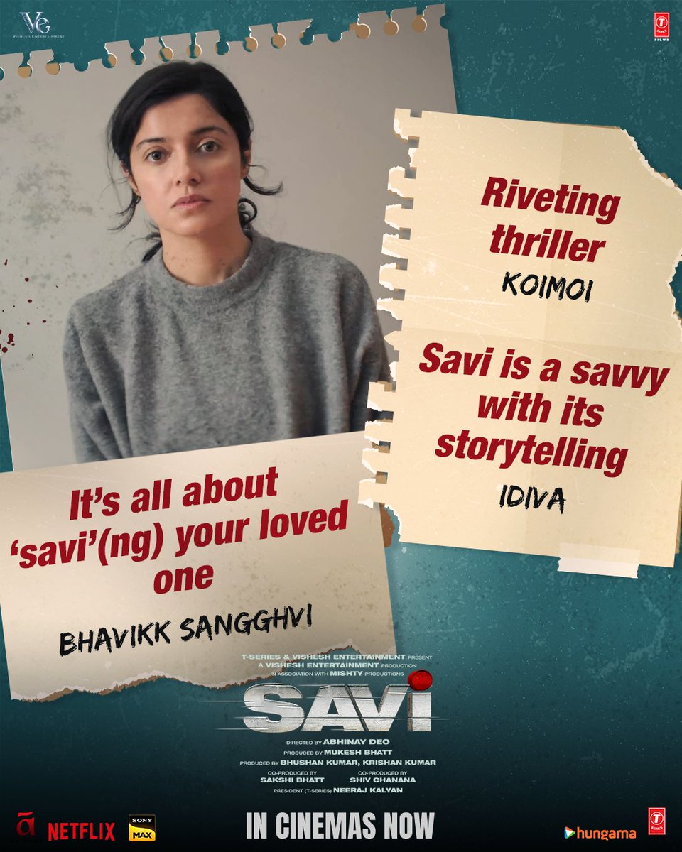 Thrills, twists, and rave reviews! #Savi is taking over screens and hearts alike!  Thank you for your love!🙏🏻

#Savi IN CINEMAS NOW

Book your tickets!

linktr.ee/Savi_BookTicke…

@AnilKapoor #DivyaKhossla #HarshvardhanRane  @deo_abhinay
 #VisheshEntertainment @_VisheshEnt_