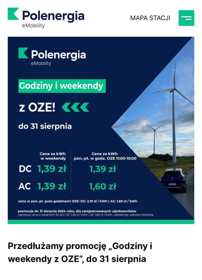 Dzięki OZE możemy mieć prąd na stacjach ładowania DC w cenie 1,39 zł za kWh. Szkoda, że @PolenergiaPV ma tak mało stacji DC.
