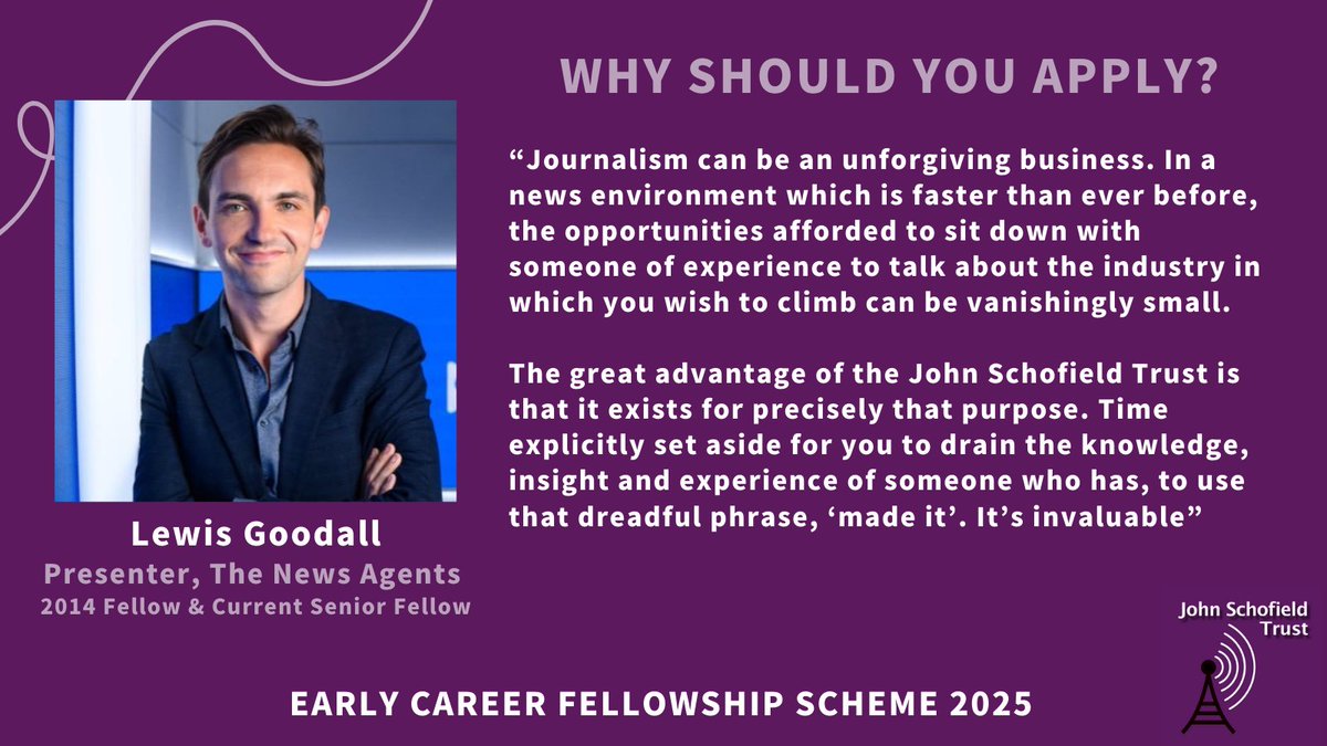 Presenter and Senior Fellow @lewis_goodall shares his view on the Early Career and Apprentice Fellowship scheme 👇 Applications close this Sunday 9th June, apply now! johnschofieldtrust.org.uk/face-to-face-m…