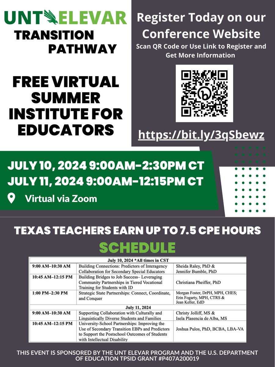 Melissa Savage (@msavageunt) on Twitter photo Come join us! Registration is open for our UNT ELEVAR Virtual Summer Institute for Educators. It is completely FREE! Texas teachers can earn up to 7.5 CPE Hours.
For more information and to register please visit our conference website: bit.ly/3qSbewz
<a href="/thinkcollegeICI/">Think College</a> Come join us! Registration is open for our UNT ELEVAR Virtual Summer Institute for Educators. It is completely FREE! Texas teachers can earn up to 7.5 CPE Hours.
For more information and to register please visit our conference website: bit.ly/3qSbewz
<a href="/thinkcollegeICI/">Think College</a>