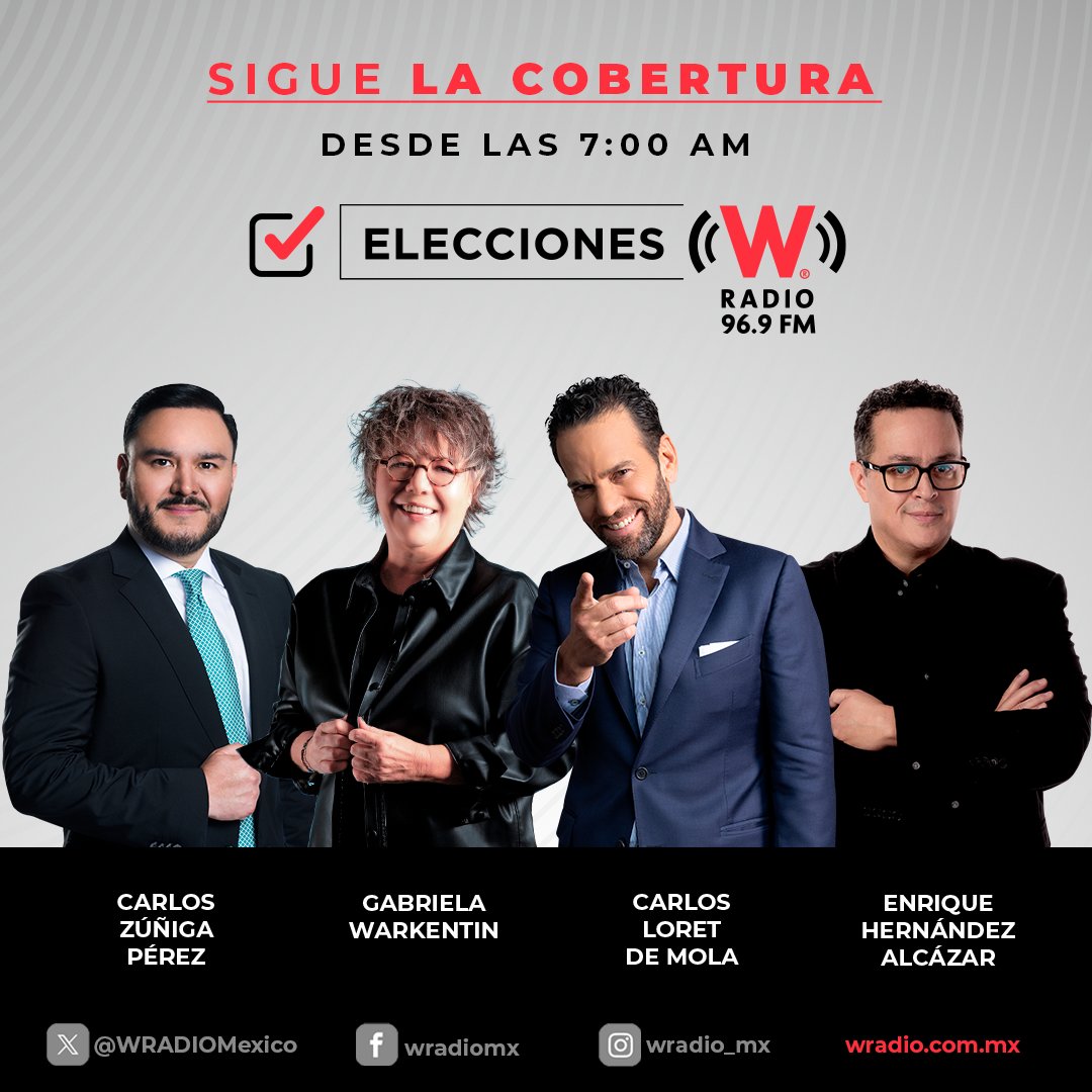 #EleccionesW | Sigue todos los detalles de la cobertura especial de la jornada electoral en #WRadio con @warkentin, @CarlosLoret, @EnriqueEnVivo y @Carloszup 🗓️Domingo 2 de junio 🕖Desde las 7:00 a.m. 🔊wradio.com.mx